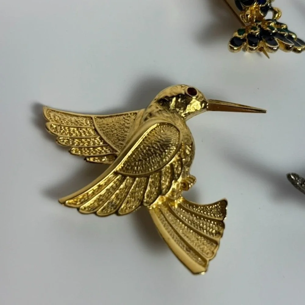 Brooch Lot Hummingbirds Vintage Silver Tone Green Painted Gold Tone‎ 2 inch